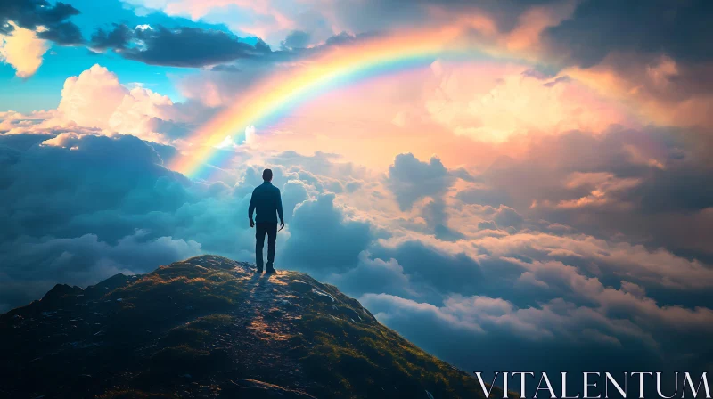 Man on Mountain Top with Rainbow