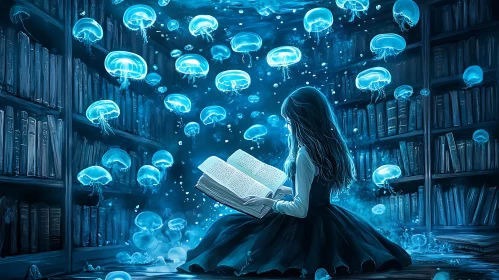 Underwater Library with Jellyfish and Reader