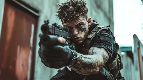 Tattooed Marksman Aiming Firearm