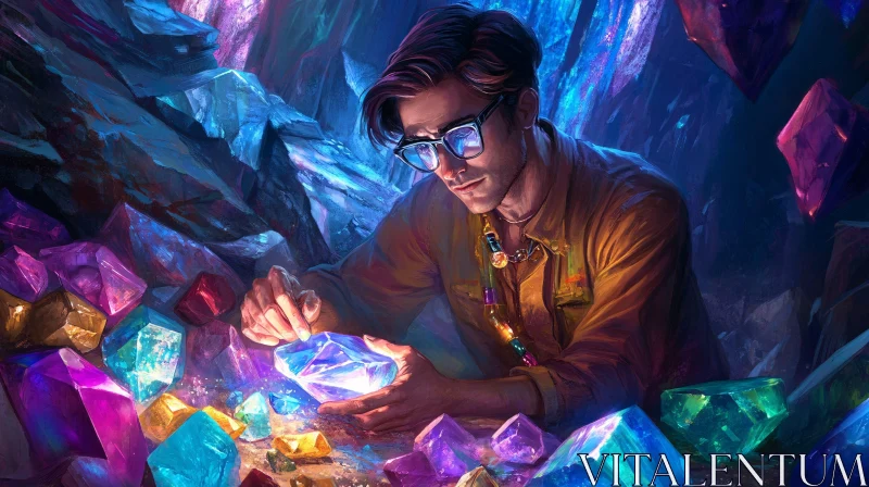 AI ART Man Examining Crystal in Gem Cave