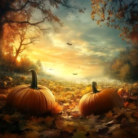 Golden Hour Pumpkins and Bats Landscape