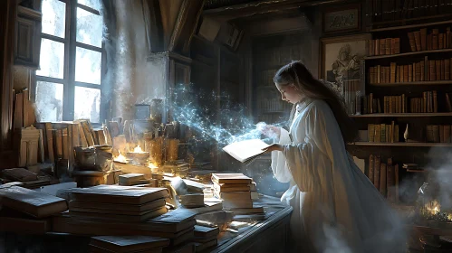 Girl Reading Magic Book in Library