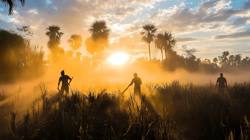 Misty Field at Dawn with Silhouetted Figures