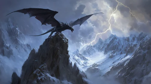 Black Dragon on Mountain with Lightning