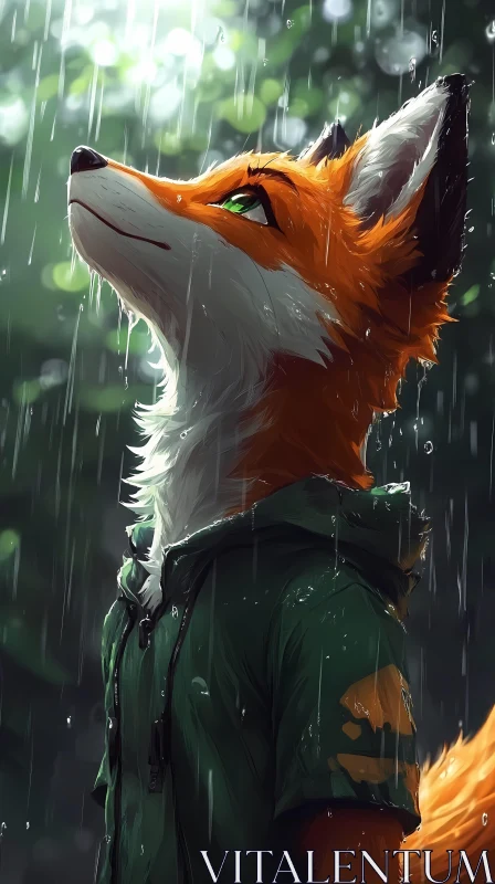Fox in Green Jacket Amidst Rain