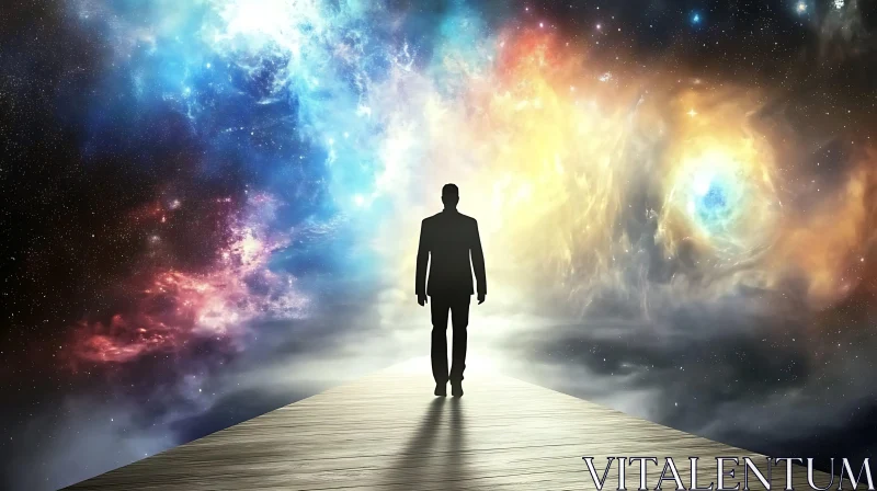 Silhouette on Bridge to Cosmic Sky AI Image