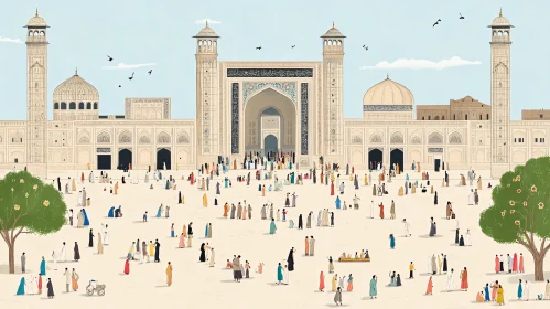 Serene Mosque Scene with Crowd Illustration