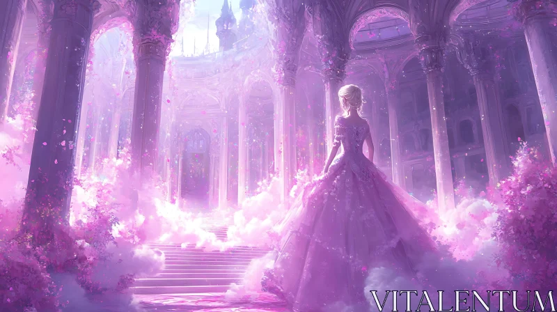 Woman in gown in a dreamy ballroom