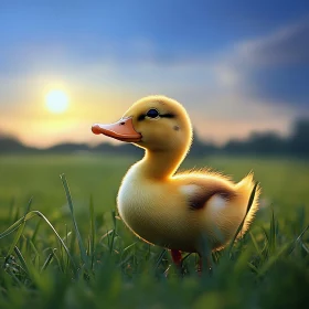 Yellow Duckling in Meadow at Sunset