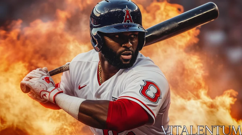 Athlete with Bat Against Fire Background AI Image