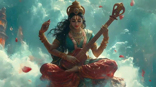 Serene Goddess Playing Veena in the Heavens