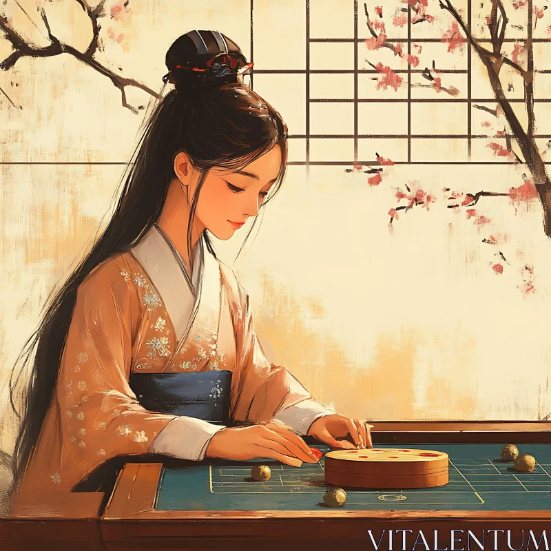 Asian Woman in Kimono Playing Game AI Image