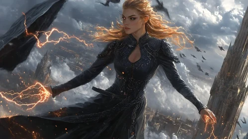 Magical Woman in Stormy Cityscape