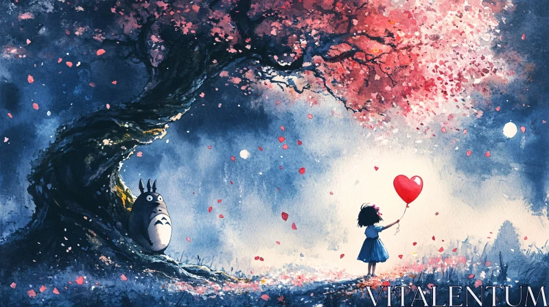 Dreamy Anime Scene with Totoro and Girl