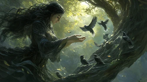 Mystical Woman with Birds in Forest