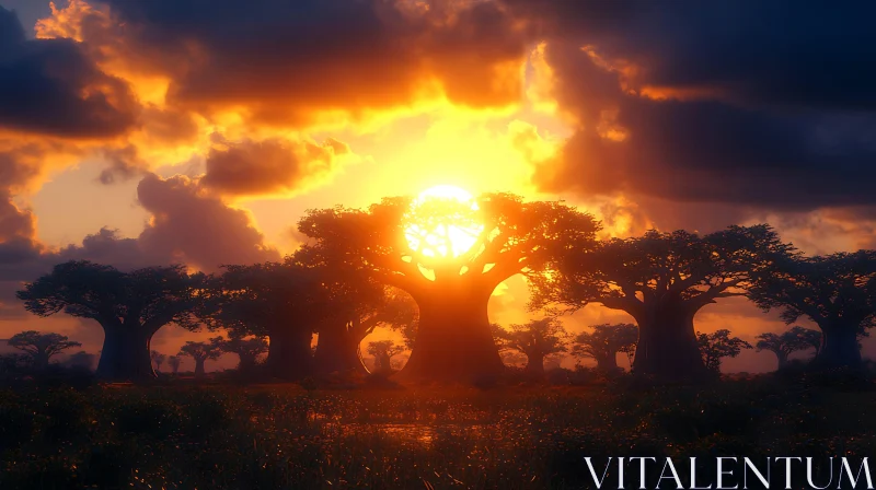 African Sunset with Baobab Trees