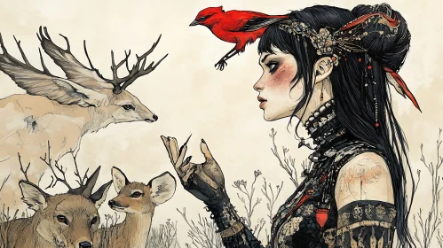 Fantasy Art: Woman, Deer, and Crimson Bird