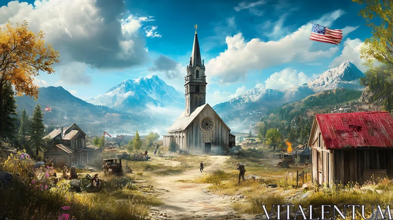 Rural Church with American Flag Landscape