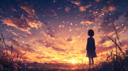 Girl Watching Sunset over Field