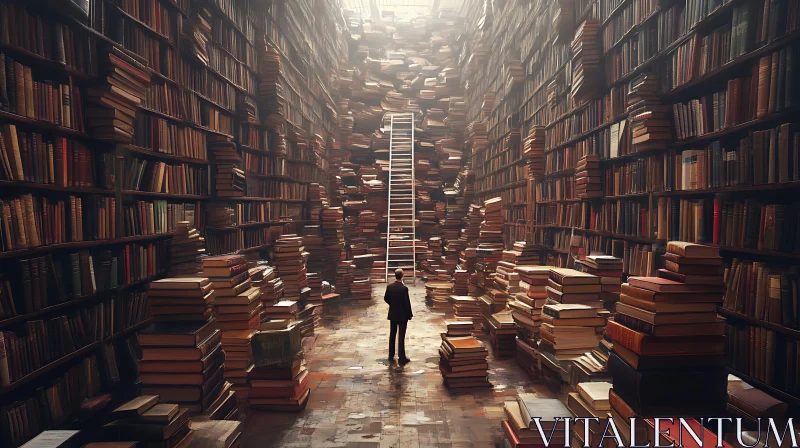 Man in a Infinite Book Library AI Image