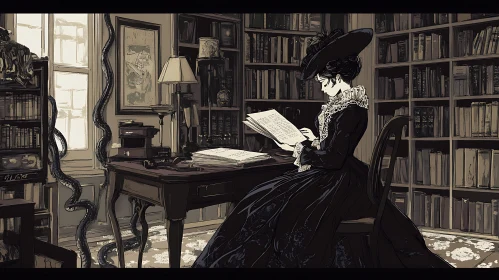 Woman Reading With Snake in Old Library