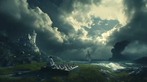Seaside Chess Game with Castle and Ship