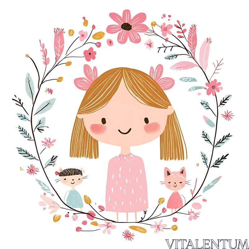 Cute Girl in Floral Wreath Artwork