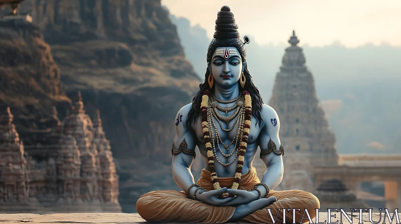 Meditative Shiva with Temple Backdrop AI Image