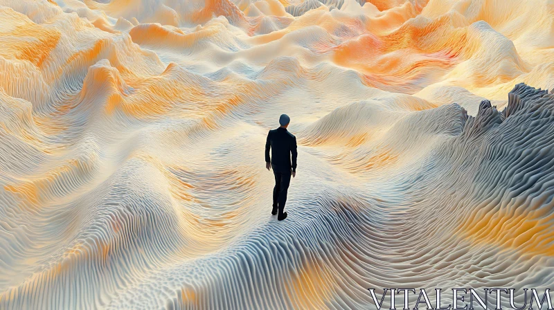 Man Walking on Textured Abstract Terrain