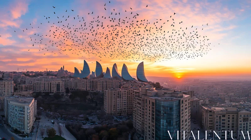 Cityscape at Sunset with Bird Migration AI Image