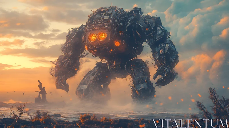 Giant Robot in Misty Landscape AI Image