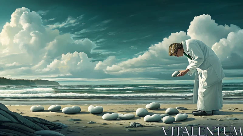 Beach Scene with Scientist and Stones AI Image