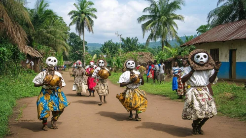 Masked Procession in Traditional Attire
