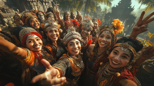 Women in Traditional Dress Taking Selfie