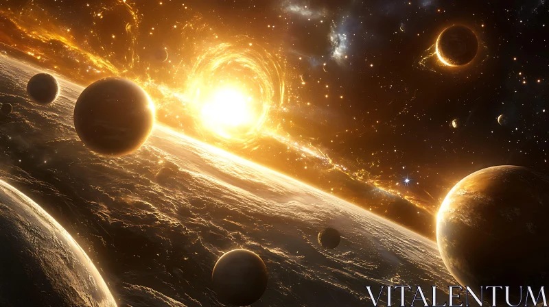Cosmic Planets and Star in Golden Light