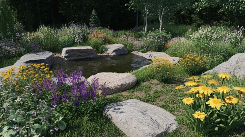 Tranquil Garden Pond with Rock Edges and Blossoms