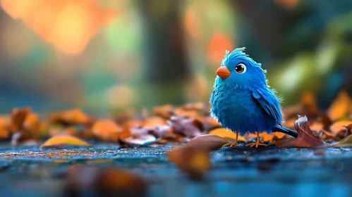 Whimsical Blue Bird Among Fallen Leaves