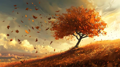 Lonely Autumn Tree with Falling Leaves