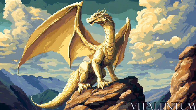 Pixelated Golden Dragon on Mountain Peak