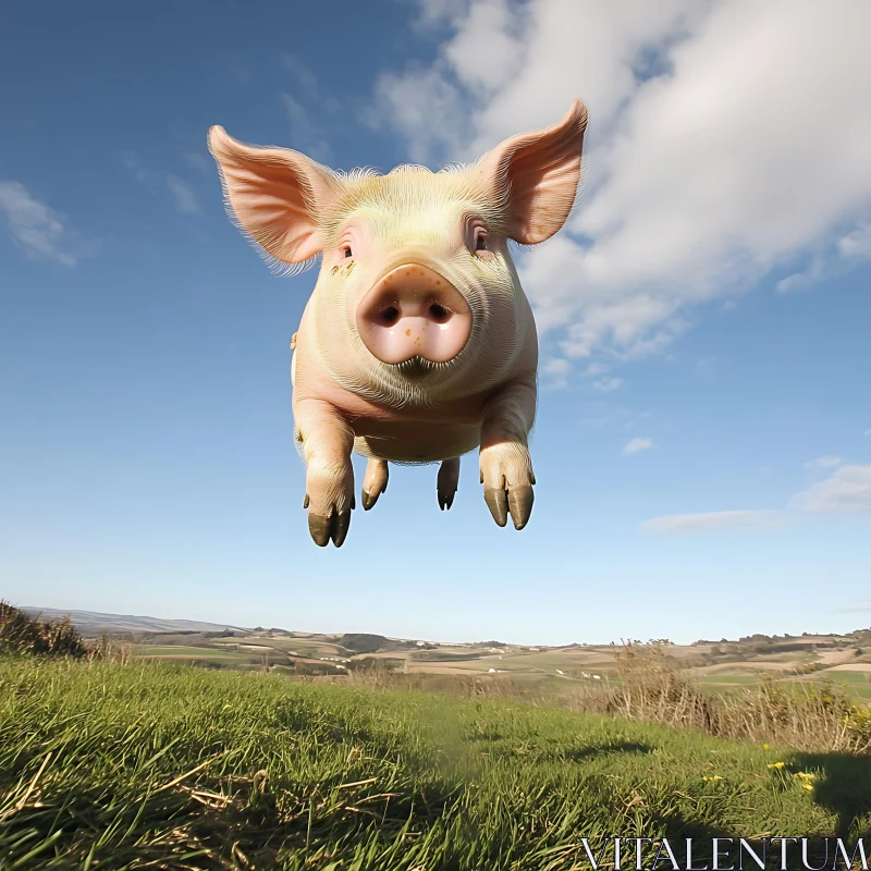 Whimsical Pig Floating Above Farm Landscape