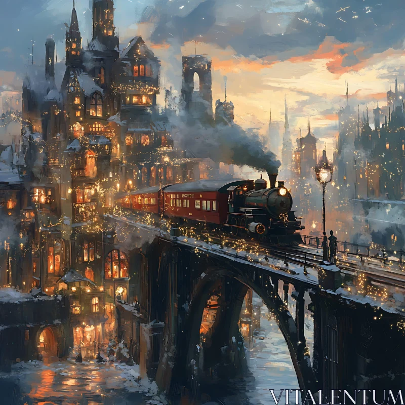 Vintage Train on Bridge at Winter AI Image