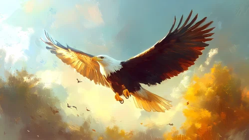 Eagle Soaring Over Autumn Landscape