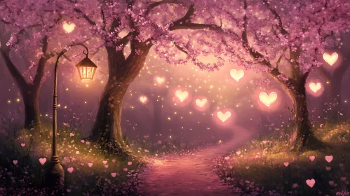 Glowing Hearts in Floral Landscape