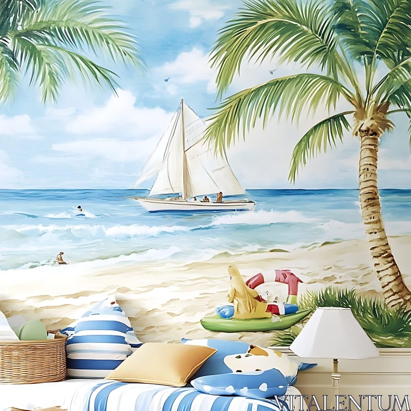 Peaceful Beach Scene with Sailboat