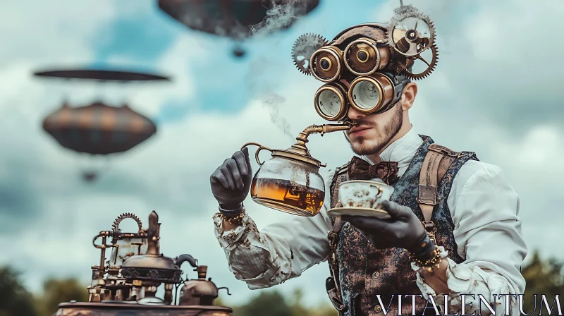Steampunk Gentleman's Tea Break AI Image
