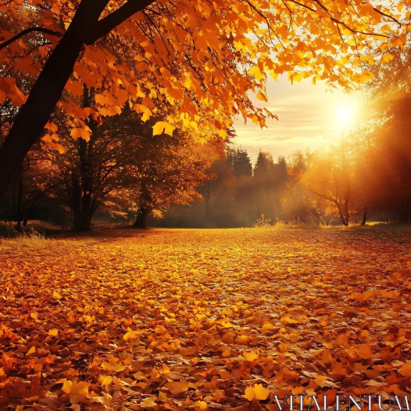 Autumnal Sunset Over Leaf-Strewn Field
