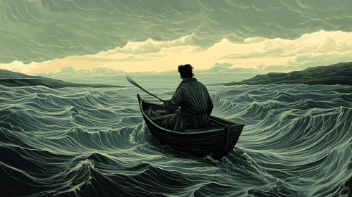 Man in Boat on Ocean Canvas Art