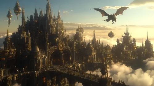 Fantasy Cityscape with Soaring Dragon