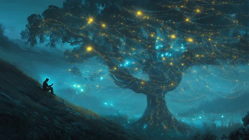 Hillside Reader Under Glowing Tree Canopy