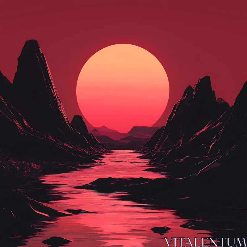 Red Landscape with River and Mountains